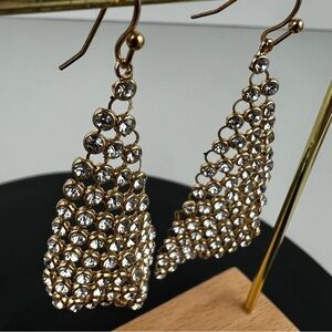 Gold Tone Mesh Crystal Drop Earrings